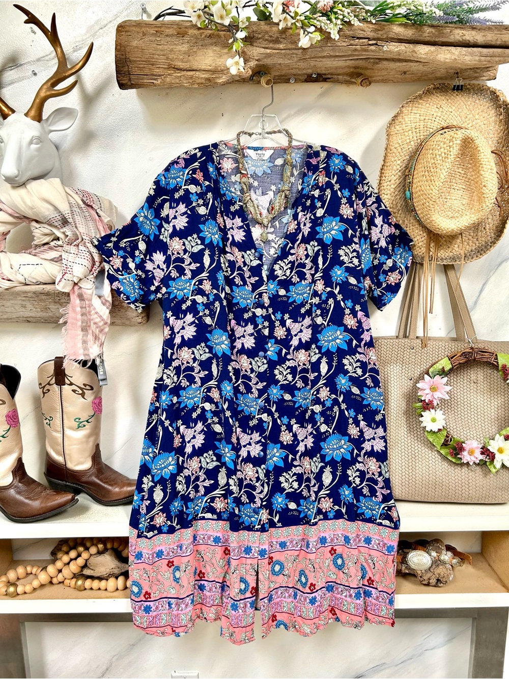 Floral Gypsy boho Open-Front dress/Cover up w enchanting folk floral